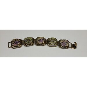 Vintage Ornate Signed Judy Lee‎ Iridescent Carnival Glass Gold Bracelet